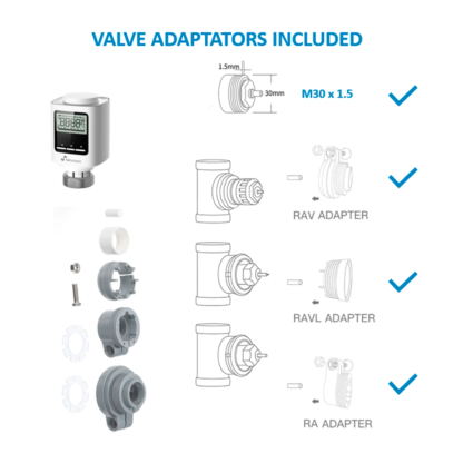 Intelligent radiator valve - Radio link with NVS-THERMOSTAT - Temperature control per room - Universal valve adapters - Compatible with TUYA Smart - Compatible with Alexa and Google assistant - Image 10